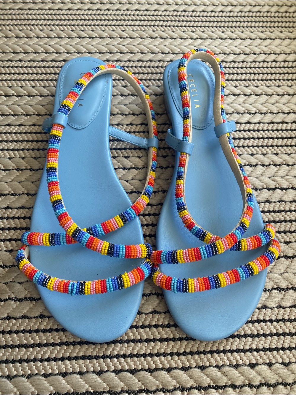 Cecelia New York light blue leather strappy multicolour beaded sandals size 11